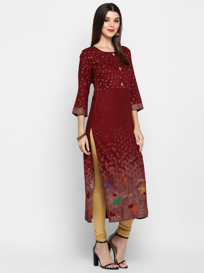Vbuyz Women's Dark Maroon Color Rayon Straight Kurta
