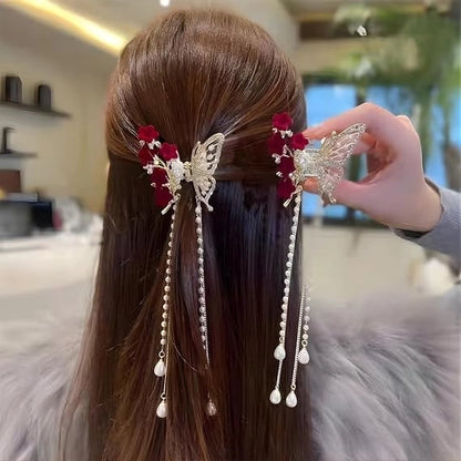 Luxury Butterfly Hair Claw Clip with Sparkling Rhinestones, Velvet Flowers & Dangling Pearl Tassels - Elegant Decorative Hair Accessory for Women, Girls, Brides, Weddings, Parties